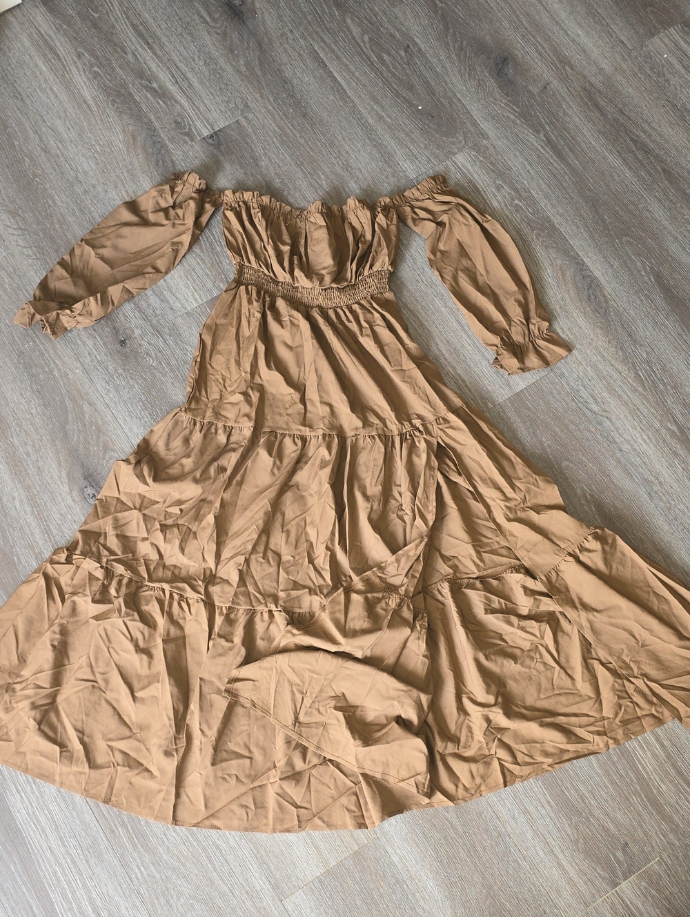 Smocked Off-Shoulder Tiered Maxi Dress in Tan